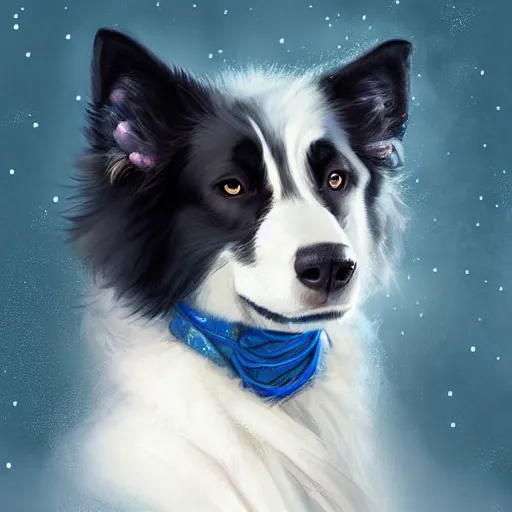 Image similar to beautiful portrait of a cute male anthropomorphic border collie fursona wearing a blue cowboy outfit in a tundra. character design by charlie bowater, henry asencio, and ross tran. scenic background, detailed, glamor pose, aesthetic, trending on artstation, top rated on furaffinity and deviantart