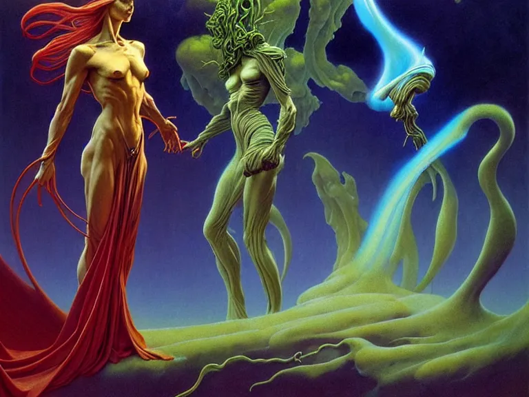 Prompt: the female arcanist and the male artificer by boris vallejo and roger dean and brom and zdzisław beksinski and greg staples and louis janmot, beautiful, flowing magical robe, highly detailed, hyperrealistic, intricate, energy, electric, blue flame, low light, green crystal, high contrast, old and young, lifelike