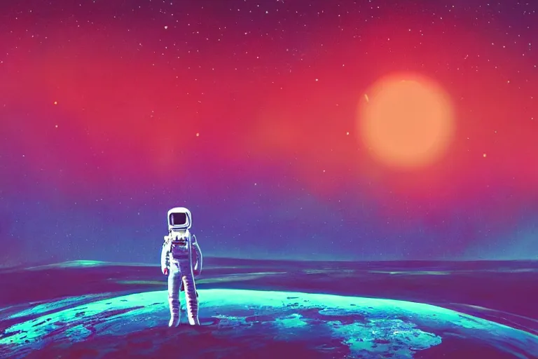 Image similar to an astronaut standing on mars in the style of flooko, acrylic art, detailed, moonlight, red lighting, bokeh, synthwave, psychedelic, glitch, neon,