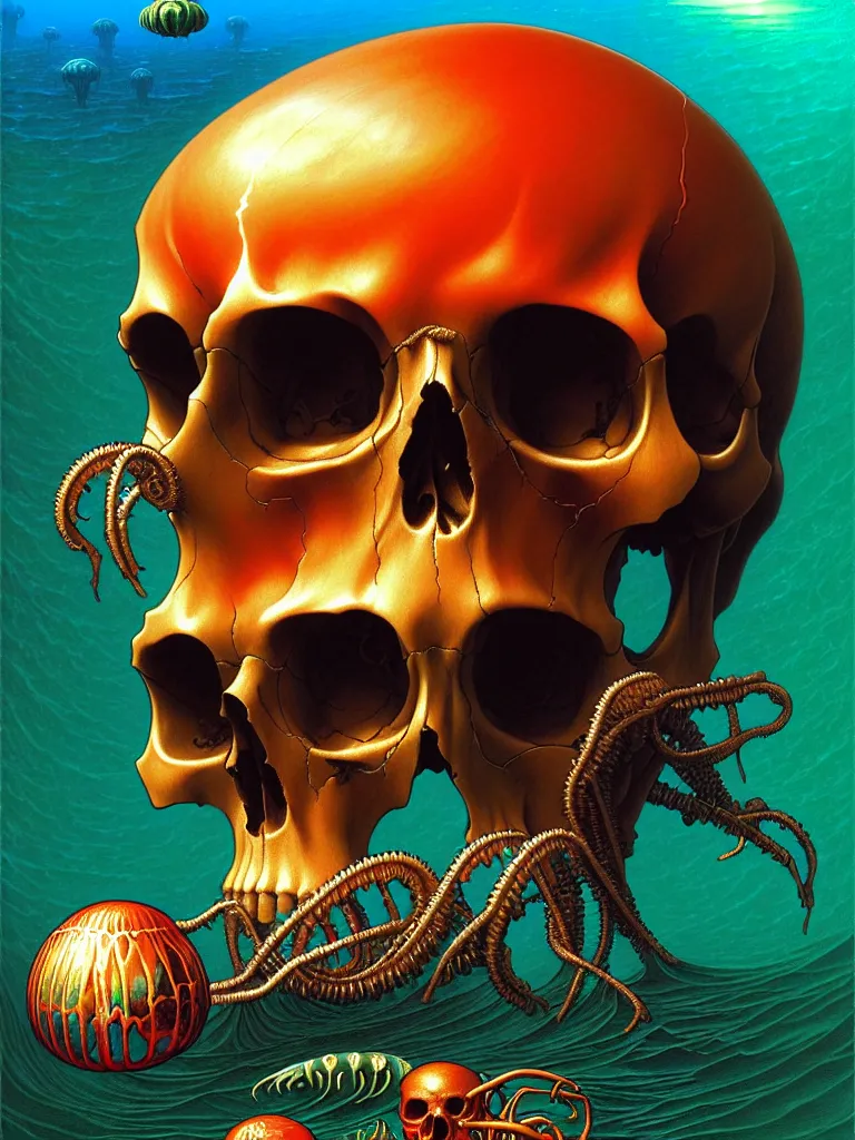 Image similar to a single skull in the sea by dan mumford and vladimir kush and donato giancola and ted withers and peter driben and william - adolphe bouguereau and roberto ferri, glowing red skull, blue jellyfish, green water, highly detailed, high contrast, intricate details, blended palette