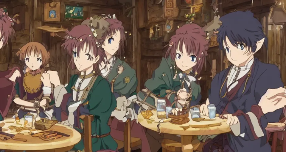 Prompt: Kyoto Animation anime still of a D&D party consisting of a human, an elf and a dwarf drinking in a tavern.