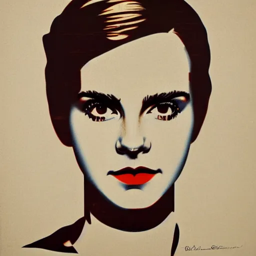 Prompt: stylized stencil portrait of emma watson ( colored red, beige, and blue ) by shepard fairey, mannie garcia ( 2 0 0 8 )