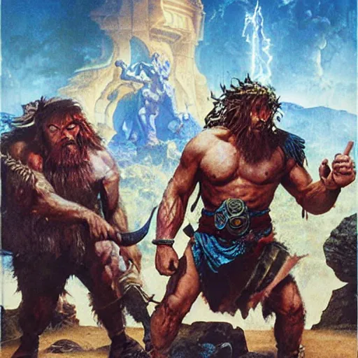 Image similar to two barbarians posing over a defeated monster, detailed poster by Drew Struzan