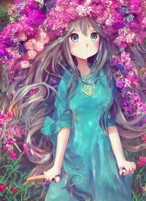 Prompt: portrait of a cute beautiful young woman, with long turquoise hair, big cute eyes, and a blue dress, intricate jewelry, realistic anime, backlit, strong rim light, subsurface scattering, realistic shaded perfect face, fine details, in a garden full of flowers and Butterflies, volumetric lighting, sharp focus, excellent composition, octane render, trending on artstation, 8k