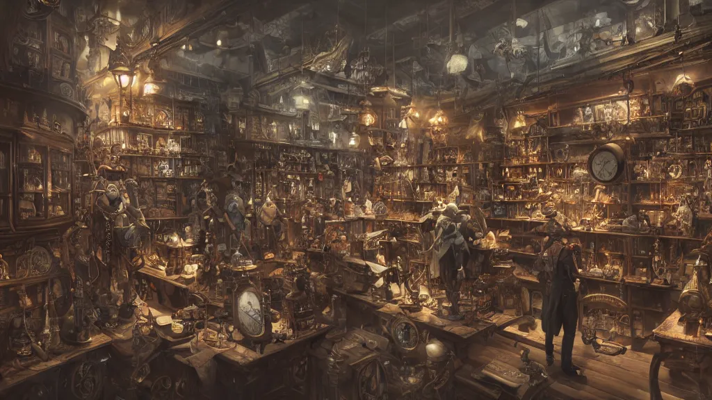 Image similar to A highly detailed image of a steampunk store, by Danar Worya, by Greg Rutkowski, by artgerm, by beeple, with ultra detailed displays of weapons and clockwork machinations densely packed on shelves, volumetric lighting, 4k resolution, octane render, trending on artstation