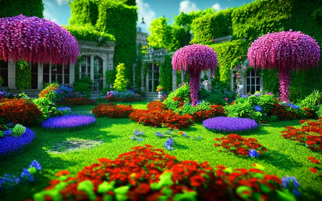 Image similar to a sprawling garden with many flowers and vines, sunny day, beautiful lighting, vivid colors!, highly detailed, cinematic, octane render, 4 k, trending on artstation, deviantart featured