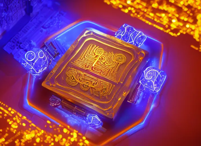 Image similar to square magic golden computer chip with runes and a glowing blue crystal in the center, mana flowing around it, product photo, hyperrealism, octane render, trending on artstation, unreal engine 5, 4 k, 8 k