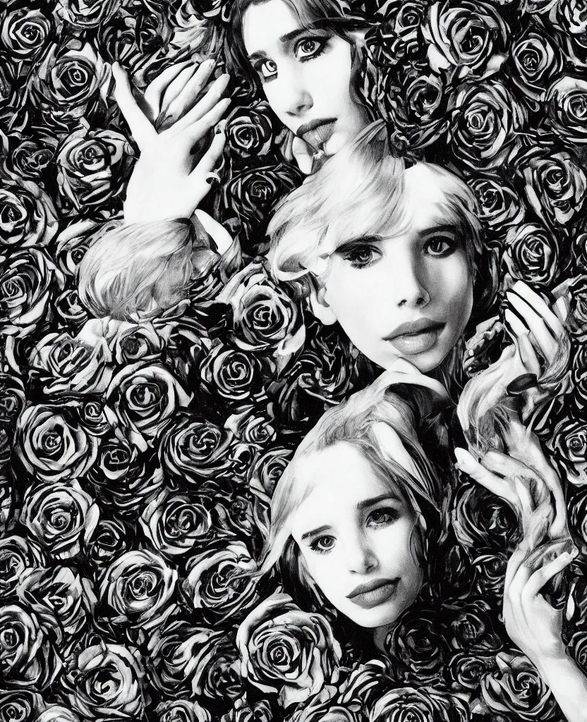 Prompt: young Emma Roberts as a goddess of black roses looking searchingly into your eyes. minute detail. blended shadowing. tricolors. ultra colorful. perfect lighting. perfect pose. amazing creative portrait illustration. the best portrait of a beautiful goddess in existence. large format image. image appears 3D.