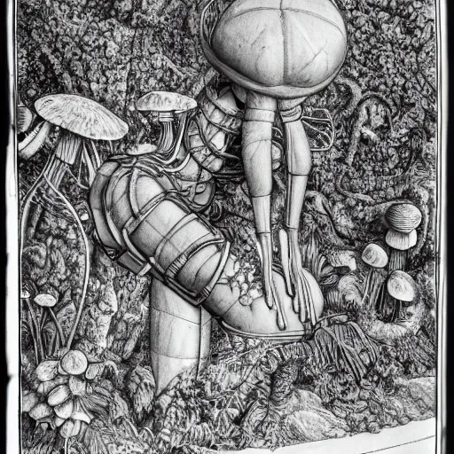 Image similar to botanical sketch of The thinker sculpture with a mechanical/cybernetic head, mushrooms and peyote at the base, surrounded by a lush jungle and vines, high detail, b&w,