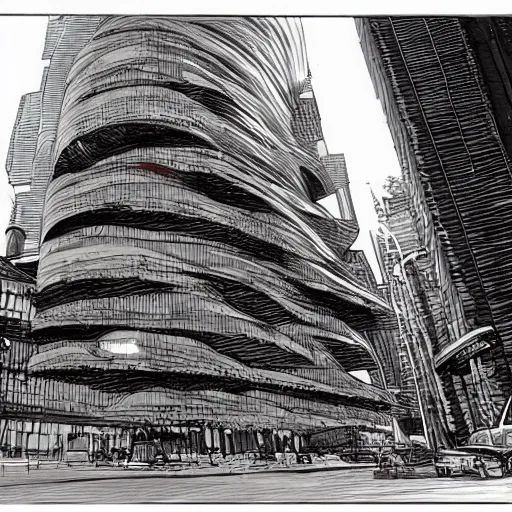 Image similar to concept art of a huge cat - like building in the middle of a city, art by moebius, digital art