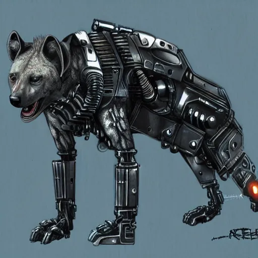 Prompt: cybernetic hyena, bladerunner style, cyborg with lots of metal and wires, realistic highly detailed concept art