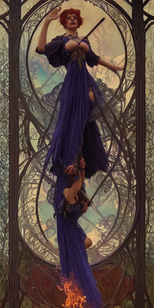Prompt: Beautiful female wizard with blue rose velvet robes on a swing, wearing an intricate arcane makeup, searching for her soul, burning desire, epic cinematic, drama, action, digital art, art by Alphonse Mucha, Greg Rutkowski, Alex Ross, WLOP