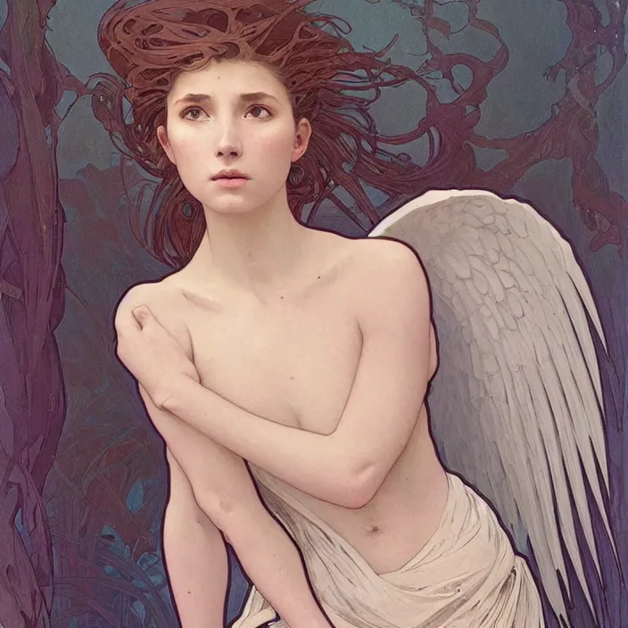 Prompt: a portrait of a beautiful! angel in low cut dress!! by ross tran!!! and alphonse mucha and greg rutkowski! and gustav dore! and zdzisław beksinski!, in style of digital art illustration. symmetry. highly detailed face. fantasy, smooth, hyper detailed, sharp focus, soft light. trending on artstation. 4 k