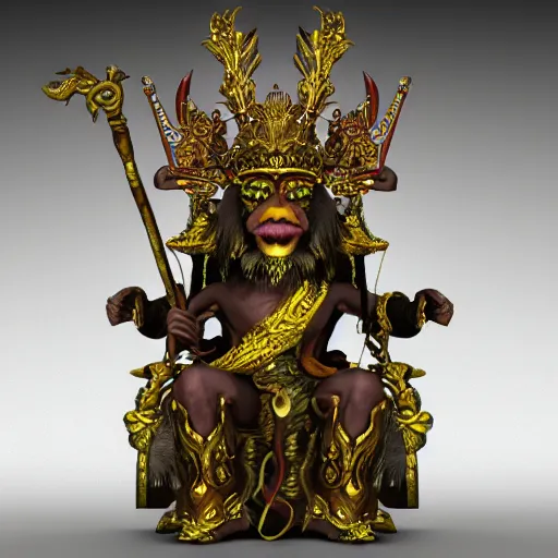 Image similar to monkey king godly lord of monkeys, wearing a crown, holding a staff, sitting in throne 8 k render high detail dark demon gothic style