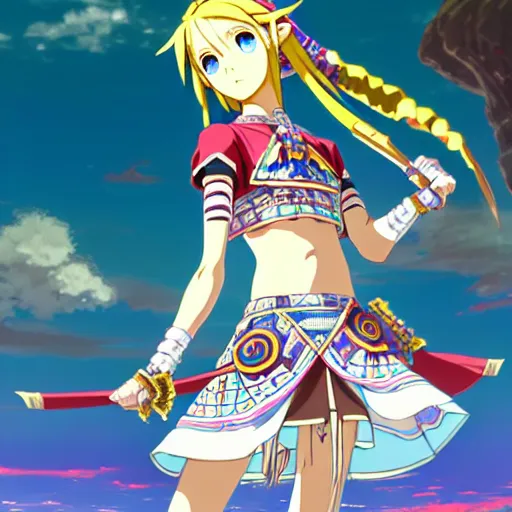 Image similar to a beautiful young feminine link from botw gravure model, wearing japanese mayan street fashion school girl outfit with mayan pattern and native style, aztec street fashion, jrpg, perfect anime face, gapmoe yandere grimdark, trending on pixiv fanbox, painted by greg rutkowski makoto shinkai takashi takeuchi studio ghibli, akihiko yoshida