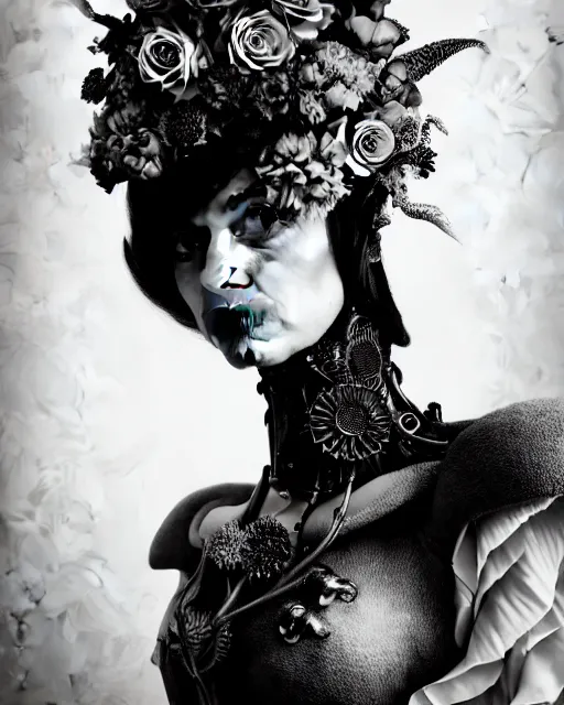 Image similar to a black and white high quality dreamy photo of a young beautiful female queen-pale dragon-vegetal-many big steampunk flowers-cyborg bust with a very long neck, elegant, highly detailed, poetic, soft, dreamy, mysterious, high fashion, in the style of Diane Arbus, Realistic, Refined, Digital Art, Highly Detailed, Cinematic Lighting, rim light, black and white, photo-realistic, 8K