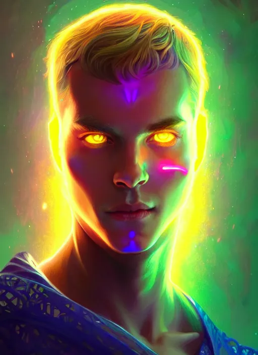 Image similar to a male faceless glowing liquefied stardust adventurer, dnd fantasy character, full body portrait, glowing neon skin, magical aura, ultra realistic, intricate, elegant, highly detailed, digital painting, artstation, smooth, sharp, focus, illustration, art by artgerm and greg rutkowski and alphonse mucha