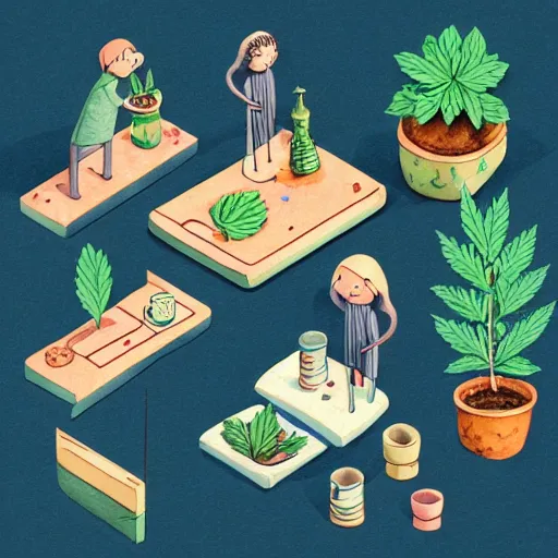 Prompt: isometric cute cartoon illustration bar, decorated with only cute detailed cannabis leaves in two ceramic pots, tables, utopian simple frontage, 2 cute characters, cute poster, beautiful composition pleasing palette by will barnet, watercolor art, hyperrealistic style, inked digital, render fun cartoon