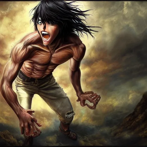 Prompt: eren yeager in titan form, detailed oil painting, 1 9 2 0 ’ s colored pencil, highly detailed, highly accurate, deep aesthetic, 8 k, highly ornate intricate details, cinematic lighting, rich colors, beautiful scenic view, ray tracing, hyperrealistic, photorealistic, cinematic landscape, trending on artstation, concept art,