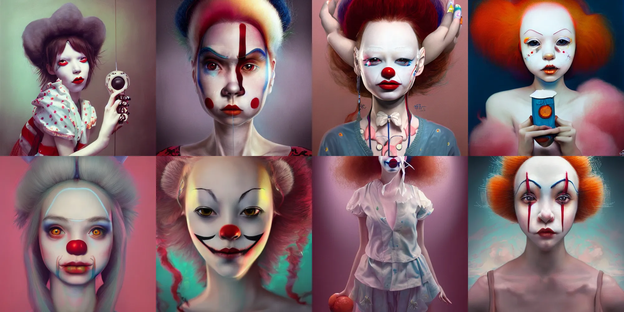 Image similar to breathtaking detailed painting of clown girl , with anxious, piercing eyes, Atari game cover art by Hsiao-Ron Cheng, James jean, Miho Hirano, Hayao Miyazaki, extremely moody lighting, hyperrealistic, octane render, RPG portrait, ambient light, dynamic lighting