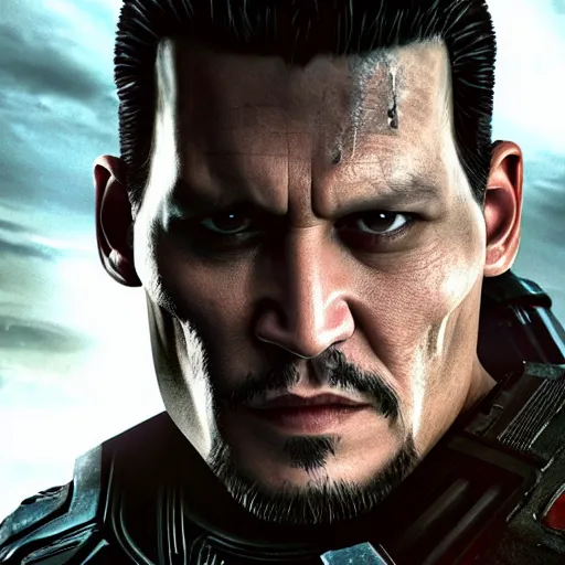 Image similar to Movie still of Johnny Depp as ((the punisher)) in Gears of War, splash art, movie still, detailed face, photorealistic facial features, cinematic lighting, dramatic, octane render, long lens, shallow depth of field, bokeh, anamorphic lens flare, 8k, hyper detailed, 35mm film grain