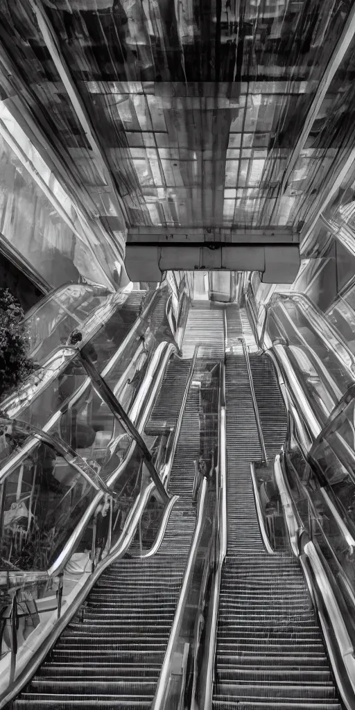 Prompt: 1980s magazine photo of an escalator inside an abandoned mall, with interior potted palm trees, decaying dappled sunlight, cool pinkish purple lighting