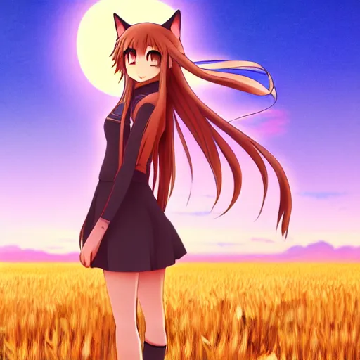 Prompt: anime illustration of Holo from Spice and Wolf standing in a wheat field at sunset, Holo is a wolf girl, high detail, trending on pixiv