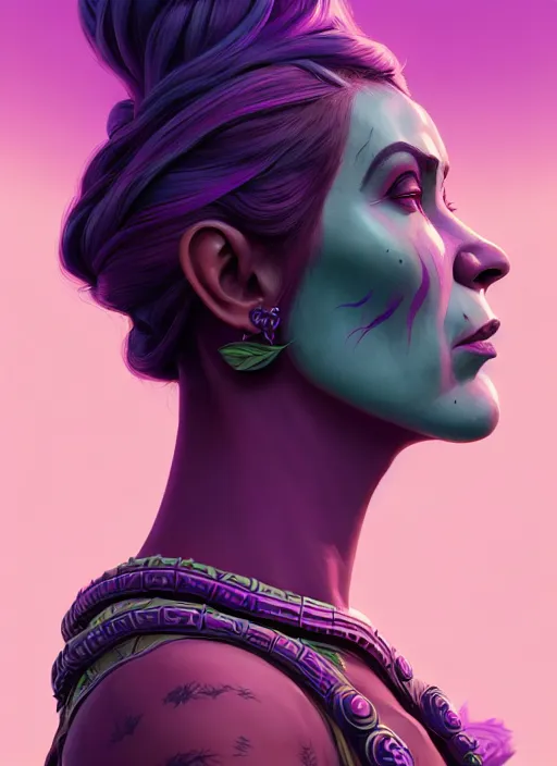 Prompt: side profile centered painted portrait, female orc forest druid, purple teal skin, tribal, d & d, gloomhaven, matte painting concept art, art nouveau, beautifully backlit, swirly vibrant color lines, fantastically gaudy, aesthetic octane render, 8 k hd resolution, by ilya kuvshinov and cushart krentz and gilleard james