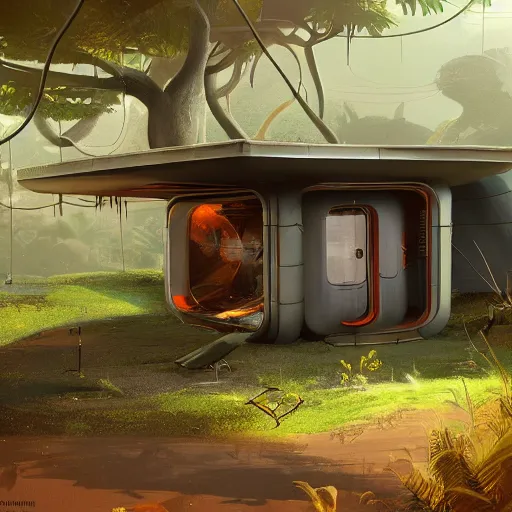 Image similar to a futuristic shack in the middle of an alien jungle, science fiction, concept art, sci fi, trending on artstation