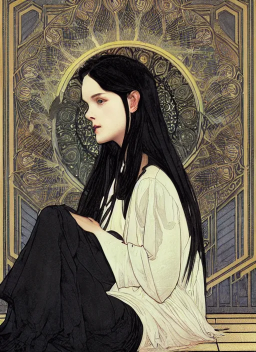 Image similar to a lonely young girl with straight long black hair wearing black dress that sitting on bathroom floor, art by artgem, greg rutkowski and alphonse mucha