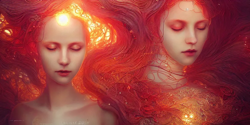 Image similar to ocean of canvas that catches liquid fire, intricate pearls, ornate ruby, magical, concept art, art nouveau, Reylia Slaby, Peter Gric, trending on artstation, volumetric lighting, CGsociety