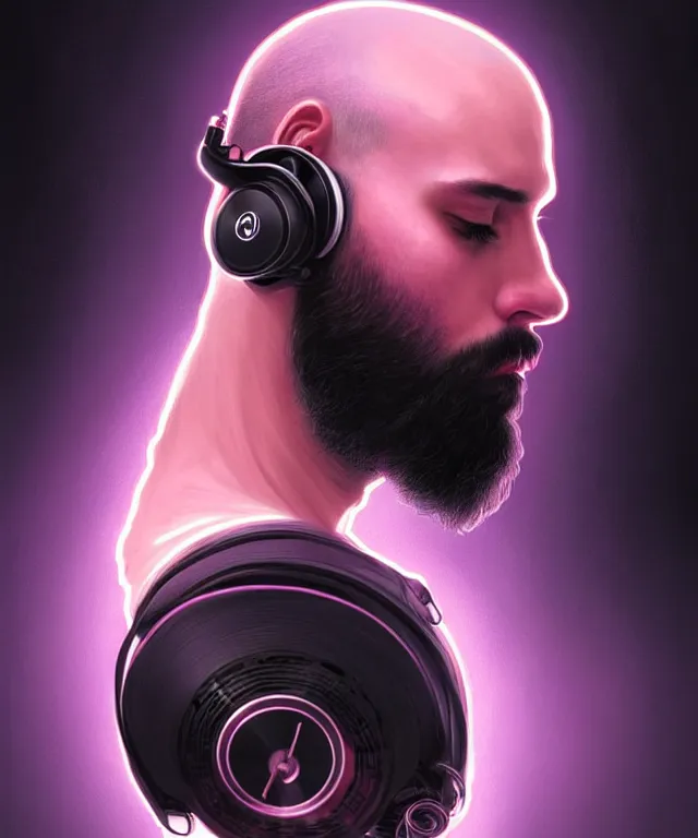 Prompt: Portrait of a male DJ, eastern european origin, sci-fi, pink eyes, face, shaved head, beard, Headphones, fantasy, LSD Dream Emulator, intricate, elegant, backlit, highly detailed, digital painting, artstation, concept art, smooth, sharp focus, illustration, art by artgerm and greg rutkowski and alphonse mucha