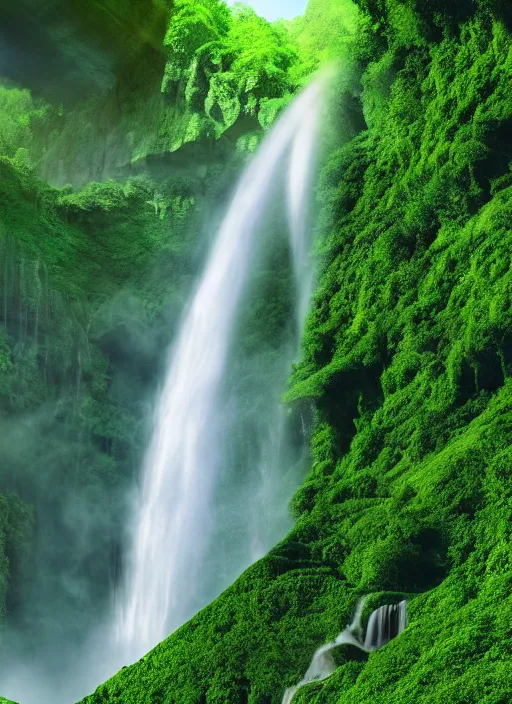 Prompt: a large waterfall in the middle of a green valley, a detailed matte painting by jacob willemszoon de wet, shutterstock contest winner, naturalism, sense of awe, national geographic photo, unreal engine