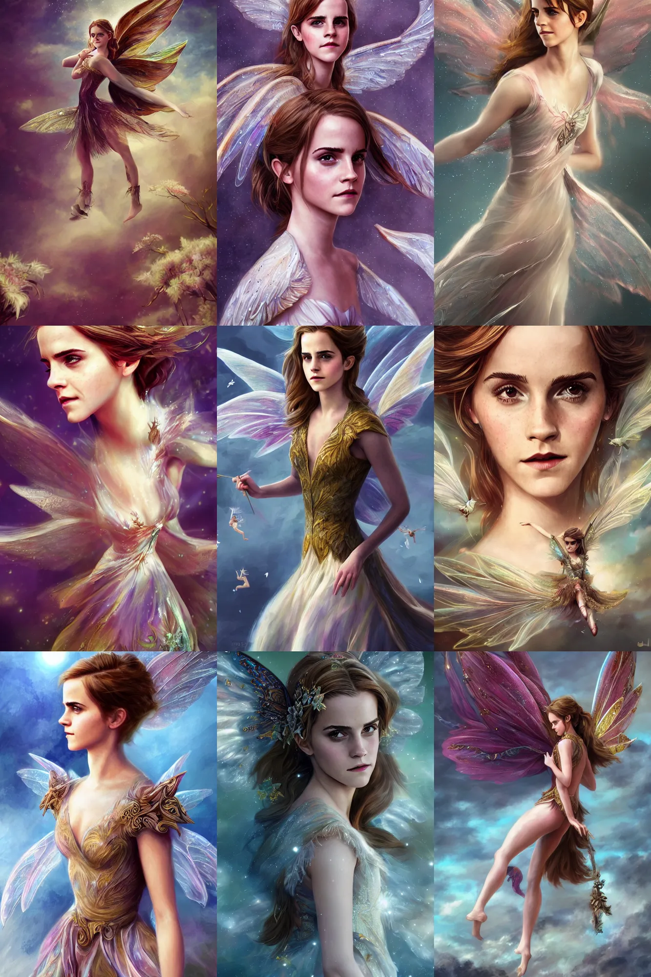 Image similar to a photo of emma watson as flying fairy, fantasy, intricate, beautiful, highly detailed, digital painting, artstation, concept art, smooth, high resolution, sharp focus, illustration
