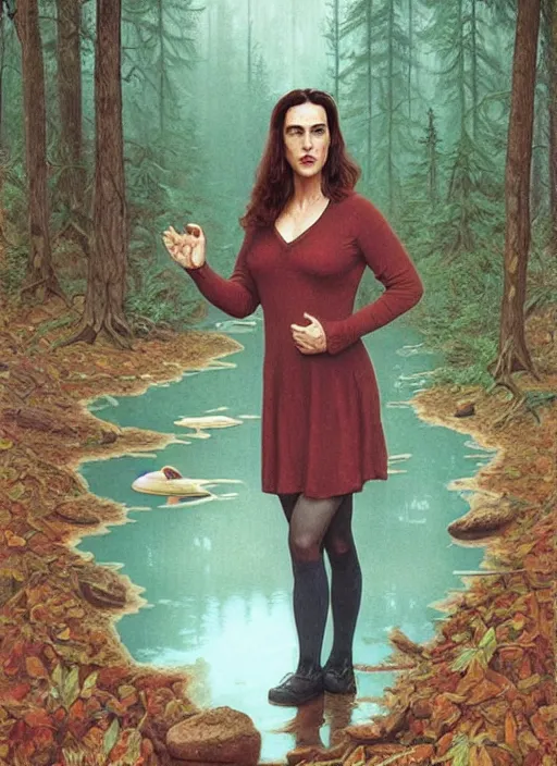 Image similar to portrait of jennifer connelly in searching in the woods standing before the mysterious small pond, twin peaks poster art, from scene from twin peaks, by michael whelan, rossetti bouguereau, artgerm, retro, nostalgic, old fashioned