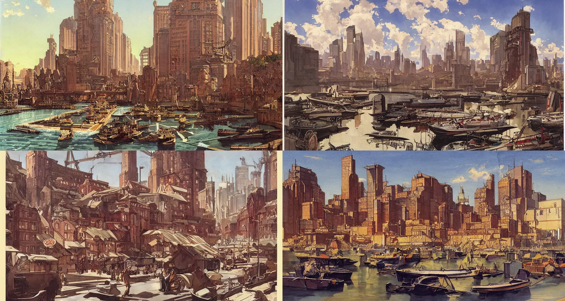 Prompt: port city, art by joseph christian leyendecker