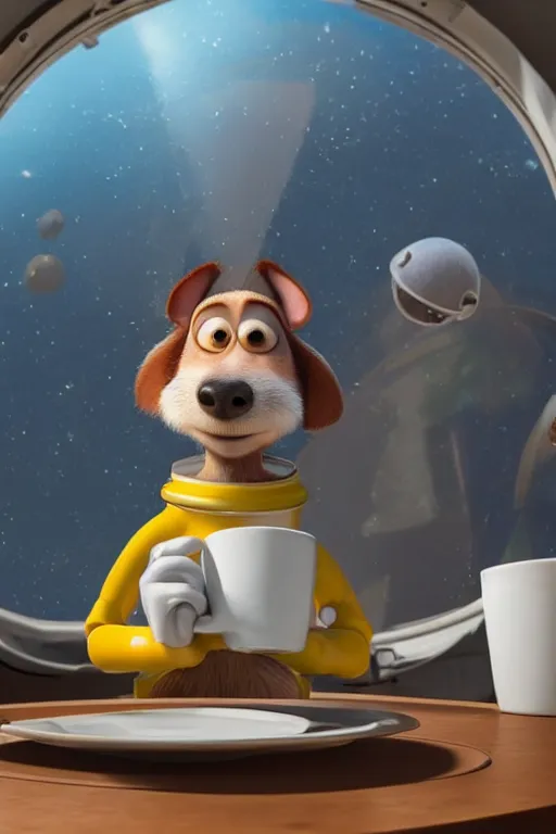 Prompt: portrait of a astronaut dog holding a coffee with the space in background, full body. pixar disney 4 k 3 d render funny animation movie oscar winning trending on artstation and behance, ratatouille style