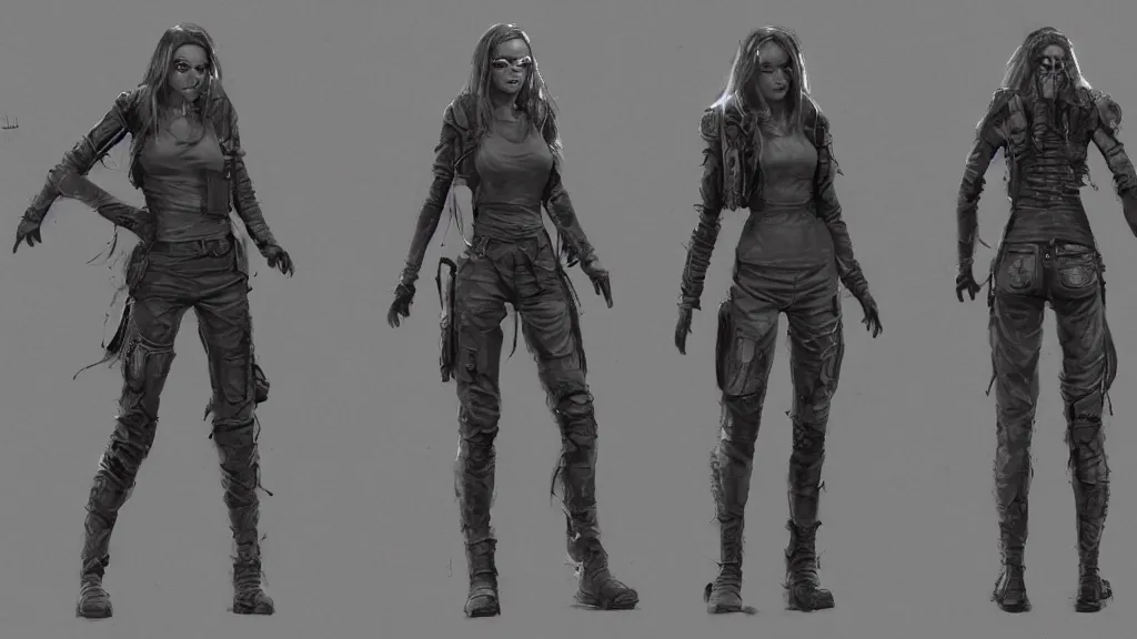 Prompt: character sheet for a grey long haired beautiful realistic female for futuristic baggy dark grey jacket oakley glasses military boots dystopian mad max like fashion brand demobaza on an alien planet, impact by craig mullins, dark monochromatic tones, desert scene, by studio ghibli, digital art, trending on artstation, hd, 8 k, highly detailed, good lighting, beautiful, masterpiece