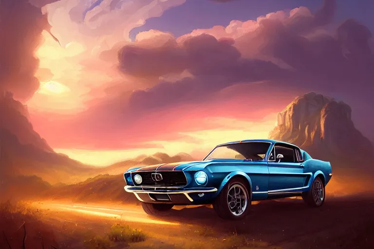 Image similar to a 1 9 6 8 mustang driving down a country road, coriolios rpg art style, full of details, warm sunset colors, matte painting, artstation, 8 k, hyperrealistic, style of peter mohrbacher, album cover, extreme long shot