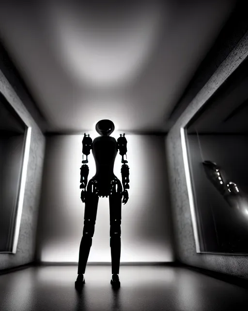 Image similar to black and white high quality photo of a beautiful female AI cyborg looking into a sci-fi mirror, volumetric lighting, liminal space, brutalism, foggy, dreamy, hyperdetailed, bokeh, photorealistic, cinematic, masterpiece, Metropolis, elegant, dark, in the style of Horst P. Horst, octane render, 8K,