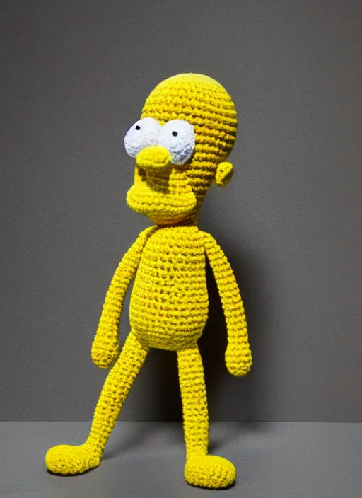 Image similar to a crochet Homer Simpson, realistic, no cropping, full body, Sigma 50 mm f/1.4