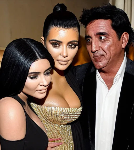 Prompt: Tony montana hugging kim kardashian & kylie Jenner in a derelict mafia mansion