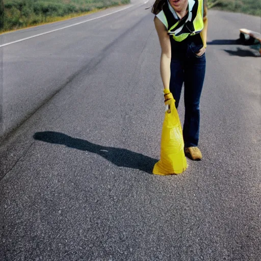 Image similar to photo, close up, emma watson in a hi vis vest picking up trash on the side of the interstate, portrait, kodak gold 2 0 0,