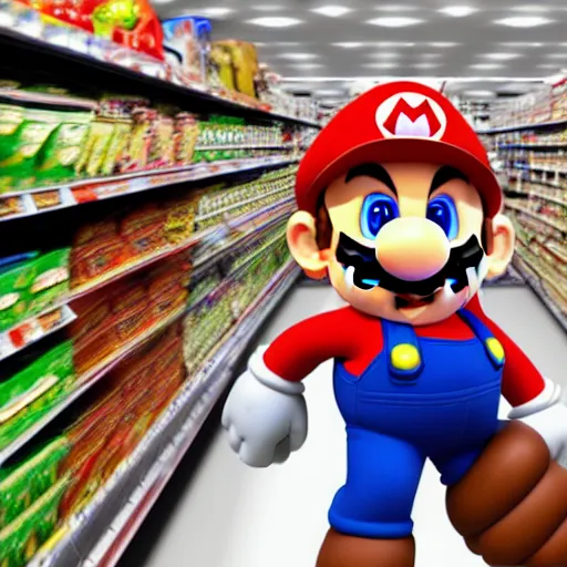 Image similar to Super Mario shopping in Tesco, photograph, photorealistic, picture, supermarket, store