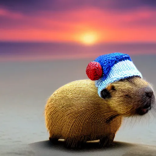 Prompt: a photorealistic photograph of a knitted cute Capybara dressed in sunglasses and a blue beanie cap. The subject is sipping a refreshing Mai Tai cocktail drink at the beach during sunset. The image is Trending on Artstation, featured on Behance, well-rendered, extra crisp image, intricate detail, Unreal Engine, 4K HD
