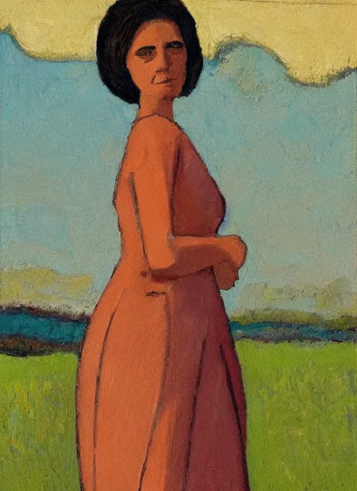 Image similar to a painted portrait of a confident women standing outside, art by felice casorati, aesthetically pleasing and harmonious natural colors, expressionism, natural light, fine day, portrait