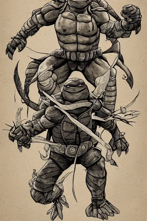 Prompt: detailed illustration of a ninja turtle, by mico suayan, full body