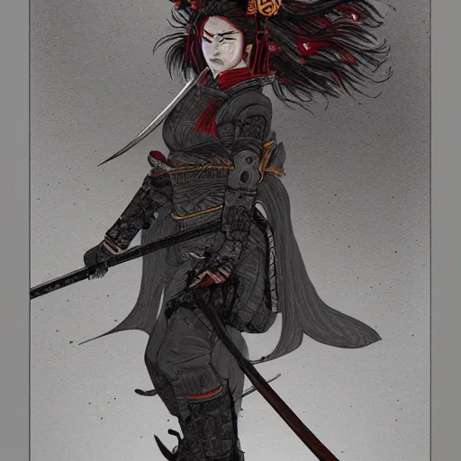 Image similar to a tarot card of a female samurai, flaming katana, ominous nighttime storm, fantasy, d & d, intricate, elegant, highly detailed, digital painting, artstation, concept art, matte, sharp focus, illustration