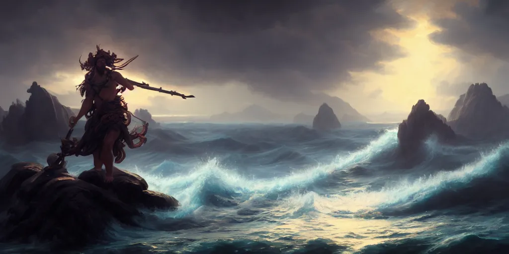 Prompt: poseidon dies and the apocalypse begins in ocean, extremely detailed digital painting, in the style of fenghua zhong and ruan jia and jeremy lipking and peter mohrbacher, mystical colors, rim light, beautiful lighting, 8 k, stunning scene, raytracing, octane, trending on artstation