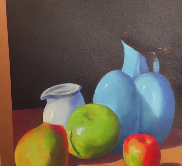 Image similar to a beautiful still life painting by a second-year art student; extraordinary masterpiece!!!!!